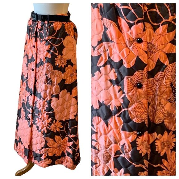 Vintage 1960s Pink & Black Floral Quilted Skirt with Patent Leather Belt - Med - Picture 5 of 11